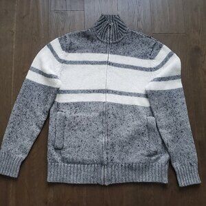 Unisex Wool Cabin Sweater Heathered Grey White Zip Up High Neck Pockets